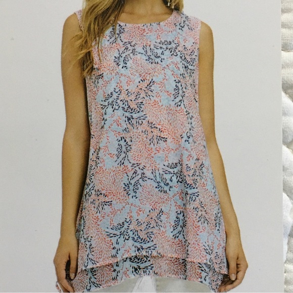Fever Womens Double Layer Chiffon Print Sleeveless Tunic Top Asymmetric Hem Sz S - Picture 1 of 9